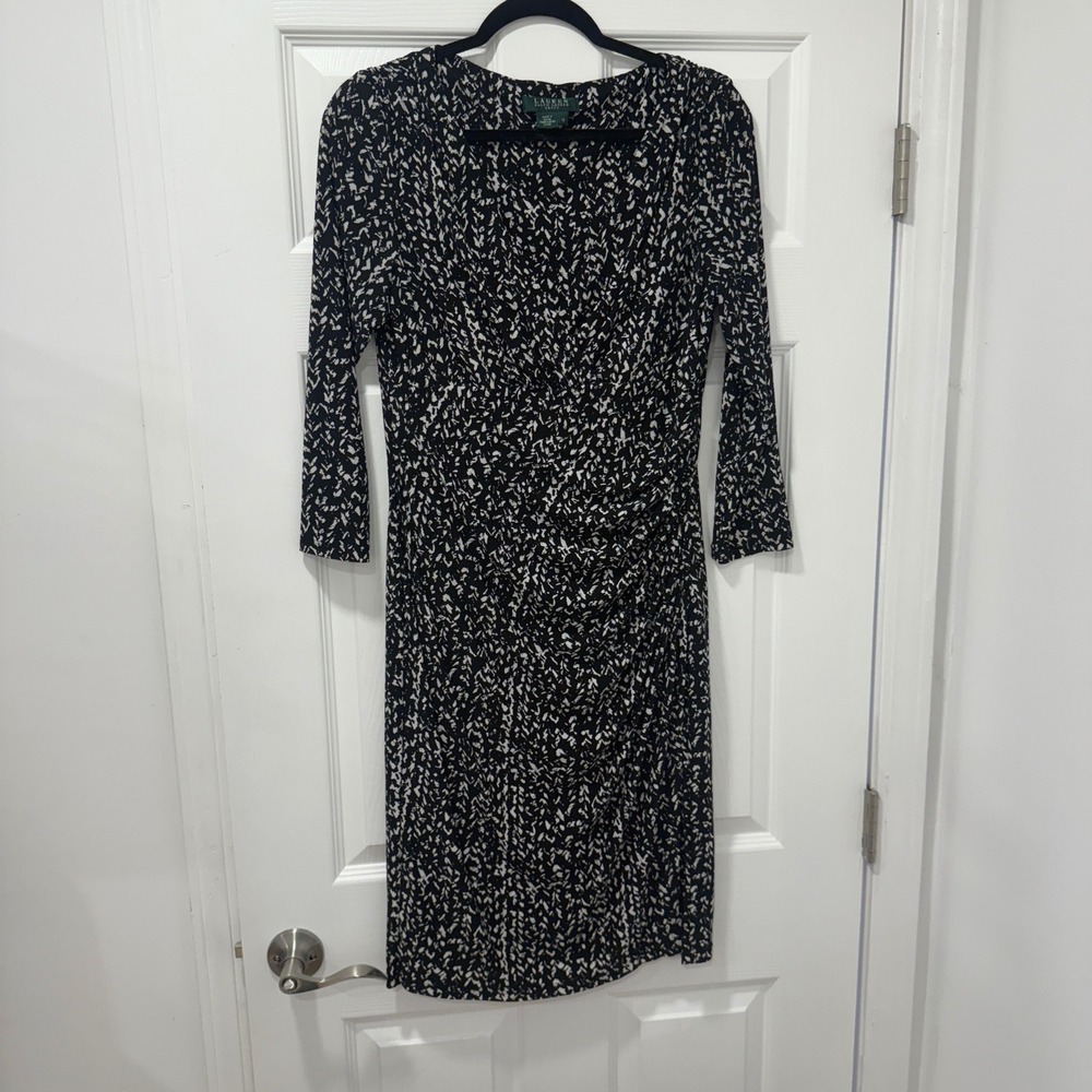 Lauren Ralph Lauren‎ Black White Abstract Print Ruched Sheath Dress Size 10